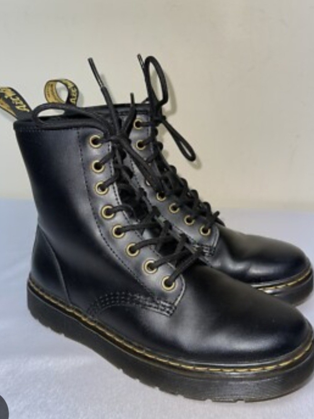 Dr. Martens Black Leather Zavala Lace-Up Combat Boots with Yellow Stitching 8